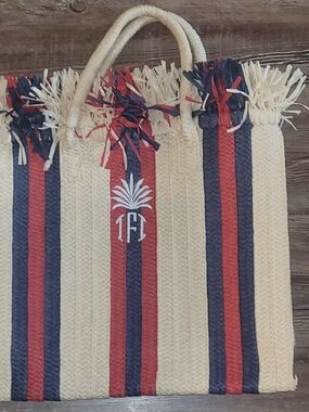 Mark & Graham Navy, Red and Cream Striped Raffia Tote